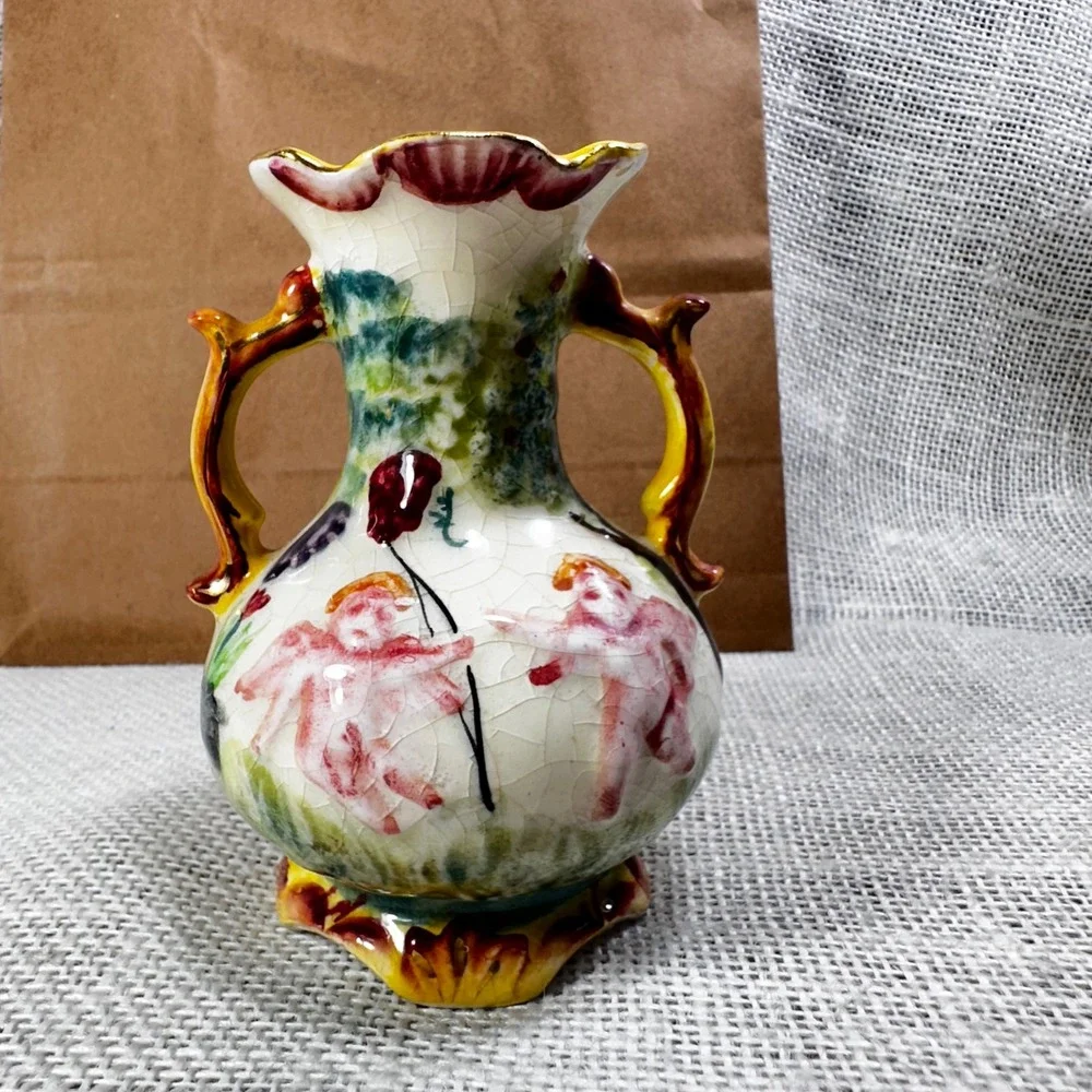Vintage Japan Cherub Vase Crackle Glaze Double Handle Putti‎ Cottage Decor 4.5